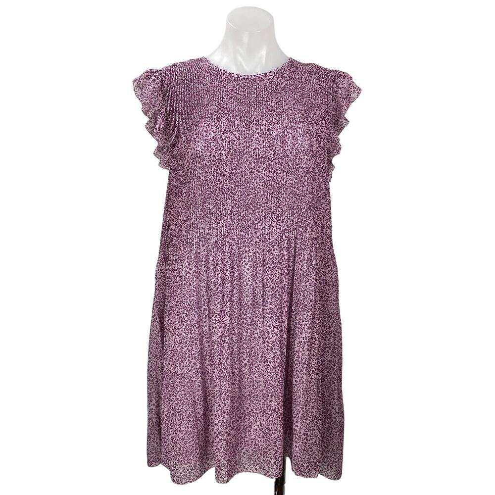 Aritzia Wilfred Purple Floral Ruffle Sleeve Pleated Plisse A Line Mini Dress M